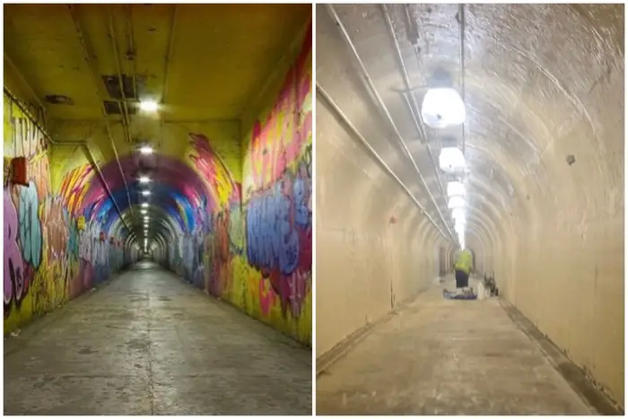 The walls of the 191st Street pedestrian tunnel are painted white over the weekend.